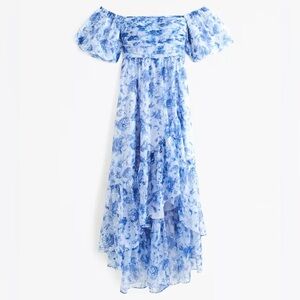 Abercrombie Blue Floral Emerson Off-The-Shoulder Drama Organza Maxi Dress